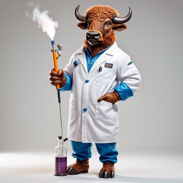 bufalo caricatura antropomorfa che indossa un abbigliamento chimico con strumenti chimici