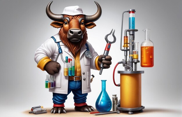 bufalo caricatura antropomorfa che indossa un abbigliamento chimico con strumenti chimici