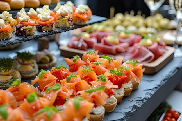 Buffet assortimento di ciambelle deliziosi antipasti catering