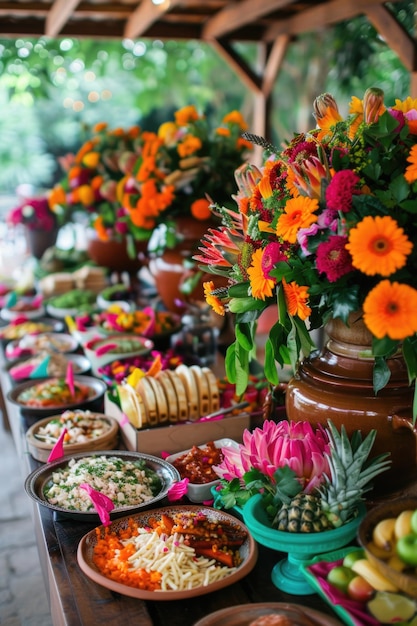 Buffet colorato con fiori vivaci