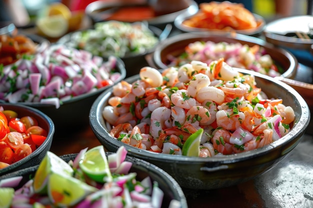 Buffet peruviano di frutti di mare con ceviche e choritos a la chalaca