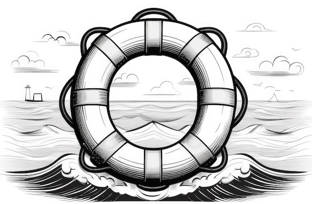 Buia di salvataggio bianca e nera con nuvole marine sullo sfondo concetto di viaggio sull'oceano salvare un uomo che sta annegando