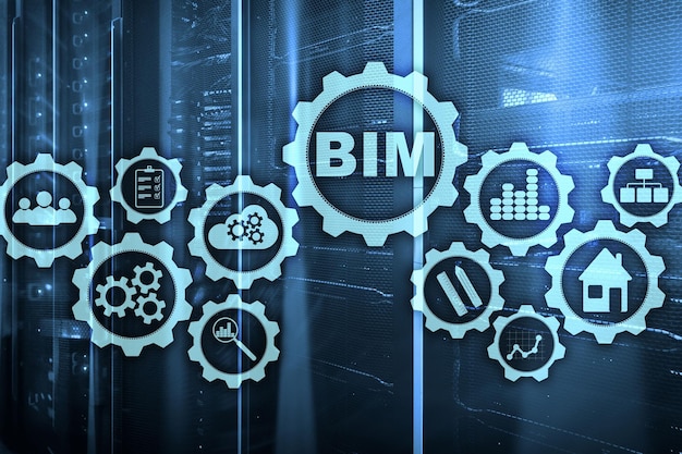 Building Information Modeling BIM on the virtual screen with a server data center background