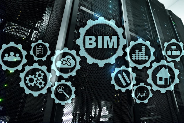 Building Information Modeling BIM on the virtual screen with a server data center background