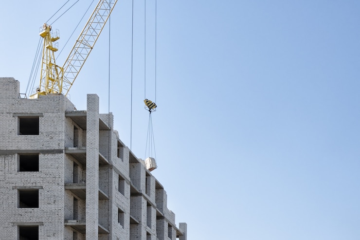 Photo building of a multi-storey brick house with the help of a construction crane.