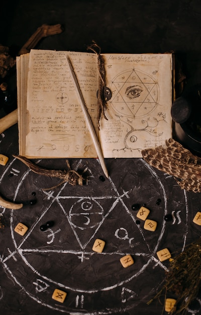 Buka buku lama berisi mantra sihir, rune, lilin hitam di meja penyihir. Konsep okultisme, esoteris, ramalan, dan wicca. Suasana Halloween
