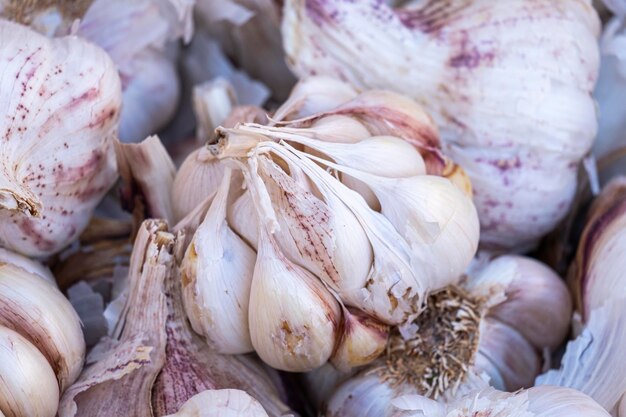 Bulbi bianchi e rosa freschi di aglio coltivato localmente o Allium sativum esposti nella stalla del negozio di ortaggi locali