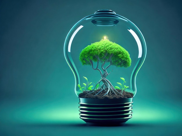 Bulbo ecologico con nuovo concetto di crescita di energia rinnovabile e concetto di vita sostenibile energia commerciale in natura sul mondo Generative Ai