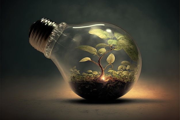 Bulbo luminoso con pianta e terra all'interno concetto di energia verde IA generativa