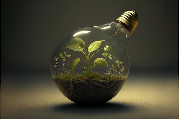 Bulbo luminoso con pianta e terra all'interno concetto di energia verde IA generativa