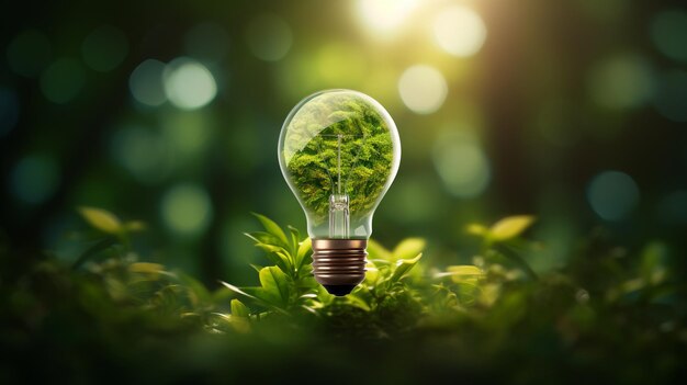 Bulbo verde ecologico a partire da foglie fresche vista dall'alto concetto di energia rinnovabile e generativa di IA sostenibile
