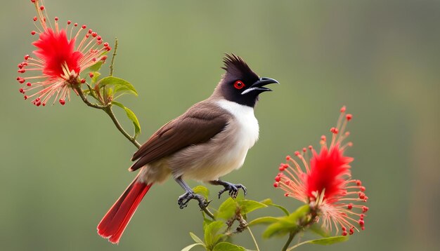 Bulbul con i baffi rossi su un fiore rosso