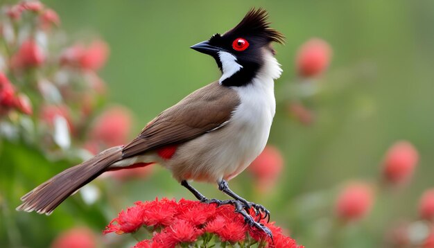 Bulbul con i baffi rossi su un fiore rosso