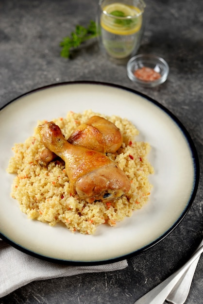 Bulgur bollito con verdure e cosce di pollo al forno