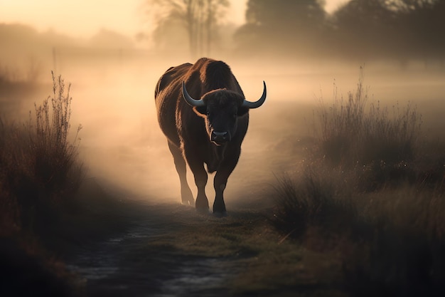 Bull in the wild Paesaggio con tramonto o alba Rete neurale generata dall'intelligenza artificiale