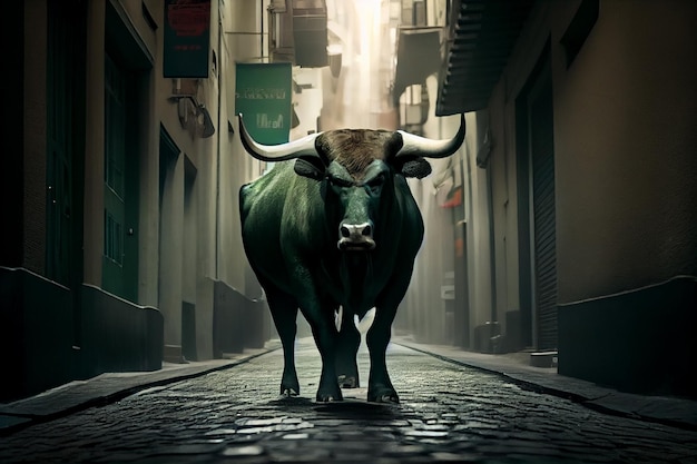 Bull market il toro corre potente lungo una strada strettagenerativa ai