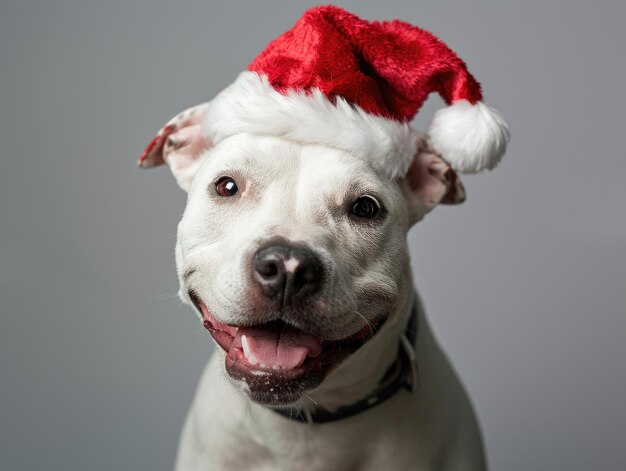 Bull Terrier sorridente che indossa un ritratto di cappello di Natale