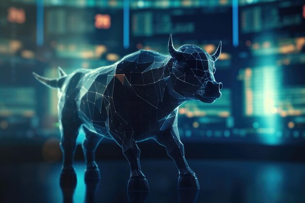 Bull trading con il computer Bullista nel mercato azionario e intelligenza artificiale generativa di valuta criptata