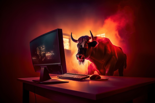 Bull trading con il computer Rialzista nel mercato azionario e criptovaluta Generativo Ai