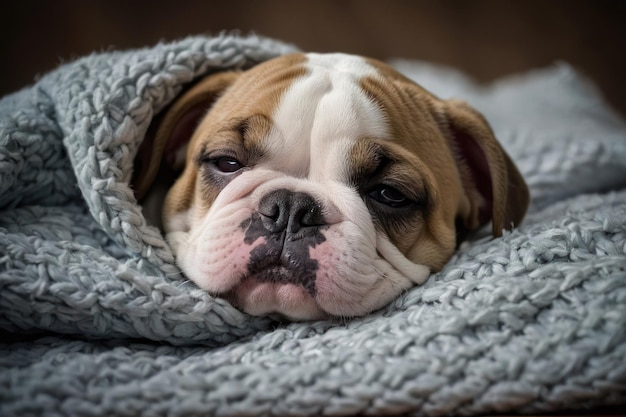 Bulldog addormentato coccolato in una coperta accogliente