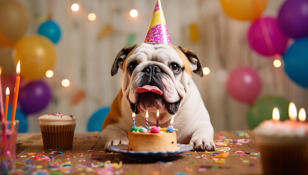 Bulldog carino con cappello da festa e deliziosa torta di compleanno su sfondo azzurro simpatico cane divertente