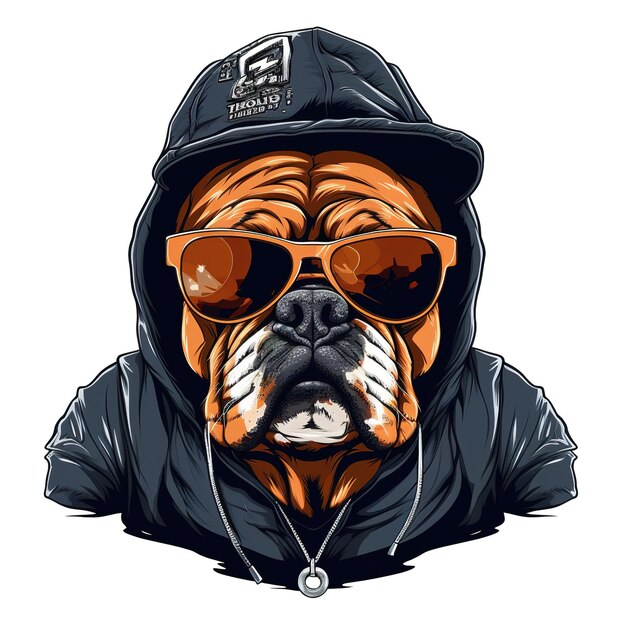 Bulldog che indossa un cappello con occhiali da sole Street style moderno per il design di adesivi o tshirt AI generativa