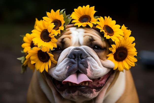 Bulldog con collare floreale