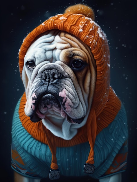 Bulldog con gli occhiali in abiti invernali e un berretto Generative Ai