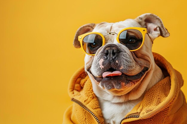 Bulldog con vestiti e occhiali da sole su sfondo giallo