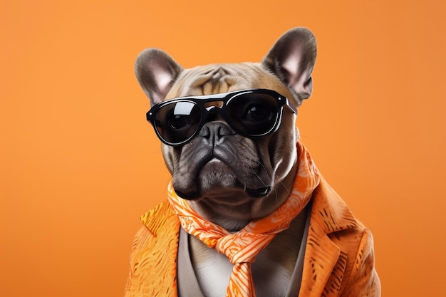 Bulldog francese alla moda che sfoggia un'intelligenza artificiale generativa in stile funky