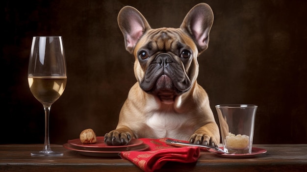 Bulldog francese che festeggia il capodanno con un bicchiere Ai generativo