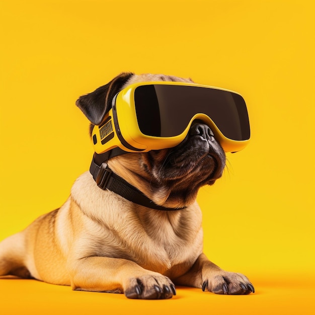 Bulldog francese con occhiali VR Illustrazione isolata su sfondo giallo Tecnologia AI