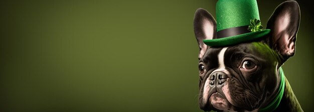 Bulldog francese con un cappello verde lucido su uno striscione bokeh festivo concetto di festa del giorno di San Patrizio