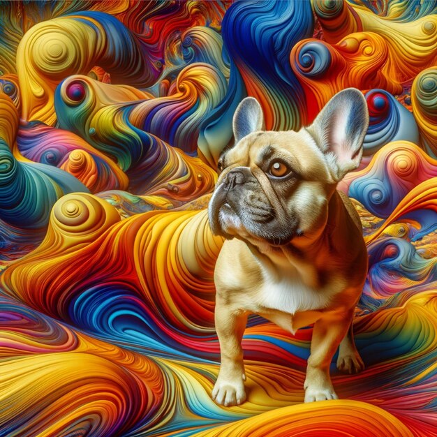 Bulldog francese contro un vortice di colori astratti