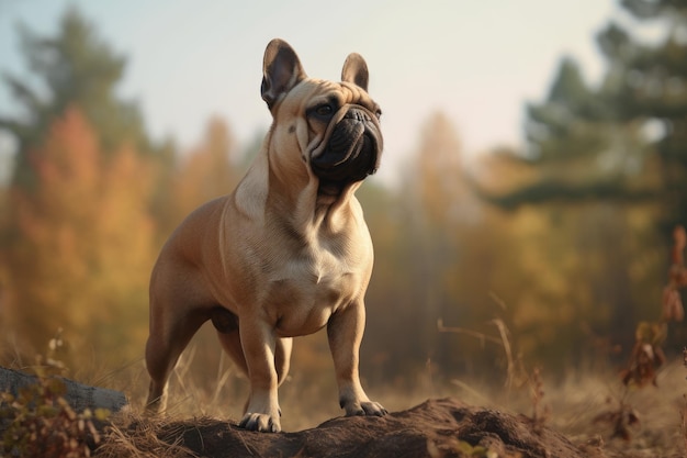 Bulldog francese in piedi nel campo autunnale Fuoco selettivo AI generato