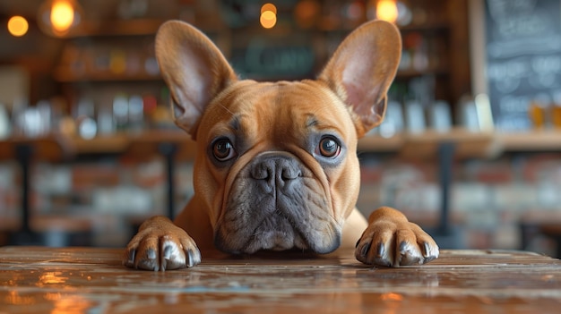 Bulldog francese in una caffetteria Focalizzazione selettiva e profondità di campo poco profonda