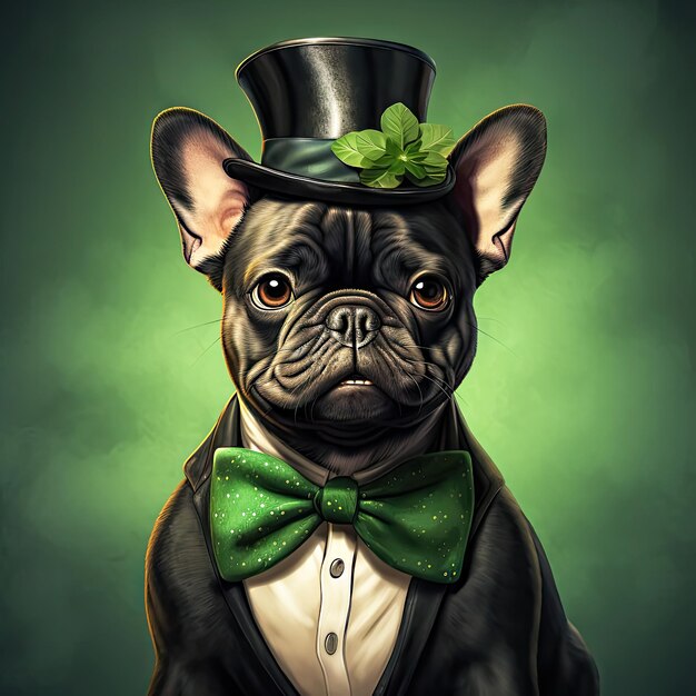 Bulldog francese nero che indossa il costume del giorno di San Patrizio