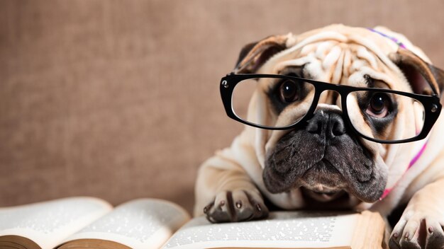 Bulldog in occhiali e libro Generative Ai