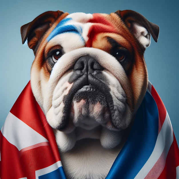 bulldog inglese che indossa una bandiera britannica isolata su sfondo blu