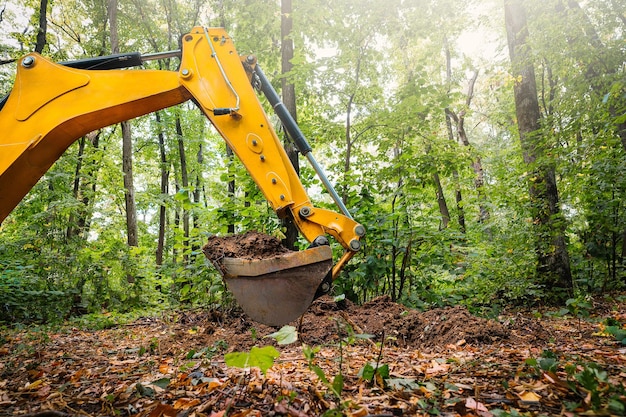 Bulldozer che scava il terreno per tronco d'albero in foresta