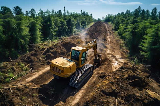 Bulldozer che scavano una strada di terra in una foresta Deforestazione globale