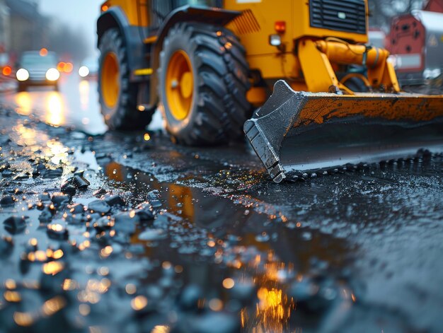 Bulldozer giallo parcheggiato sul ciglio della strada