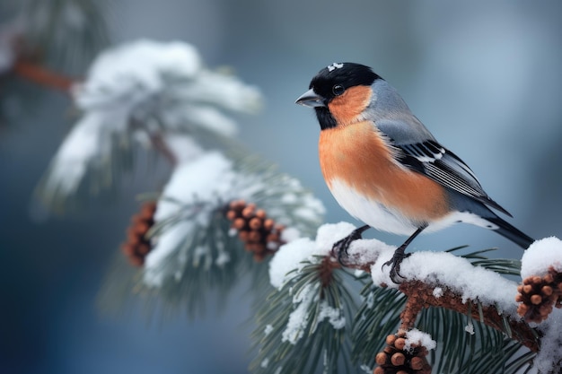 Bullfinch seduto su un ramo di pino