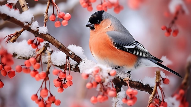 bullfinch su una cenere di montagna coperta di neve