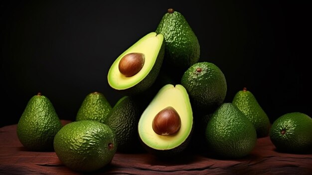 Bunch di avocado verdi Uno di loro è aperto che la pietra e la polpa sono visibili Generativa AI