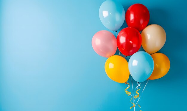 Bunch di palloncini luminosi su sfondo blu spazio per il testo