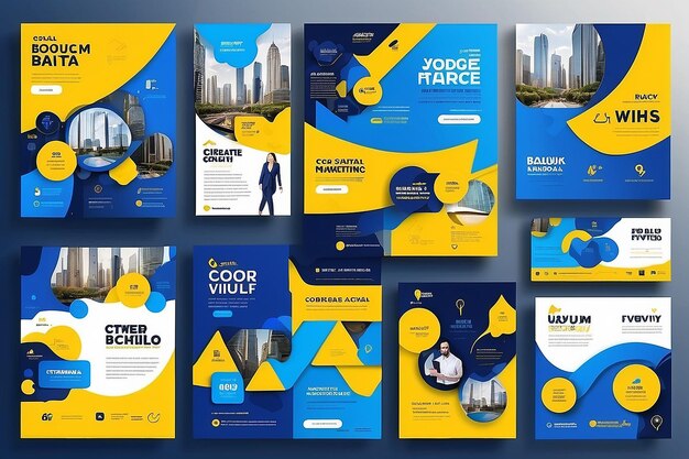 Bundle di annunci commerciali sui social media con colori blu e giallo