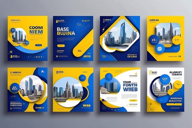 Bundle di annunci commerciali sui social media con colori blu e giallo