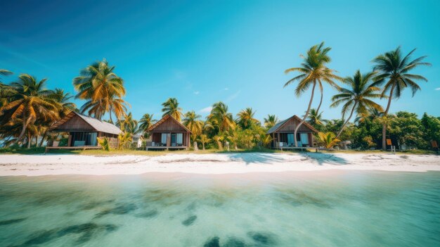 Bungalow di spiaggia tropicale con palme di sabbia bianca e acque turchesi