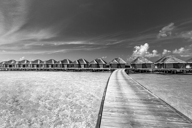 Bungalow idilliaco o drammatico sull'acqua Isole Maldive Drammatica solitudine del processo in bianco e nero